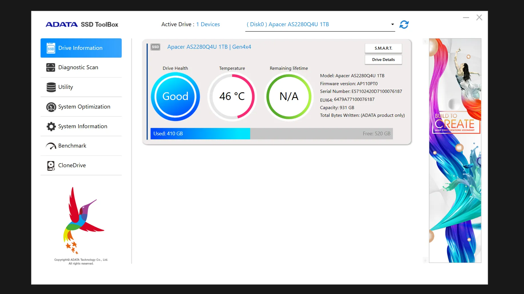 ADATA SSD Toolbox hiển thị sức khỏe của ổ NVMe SSD