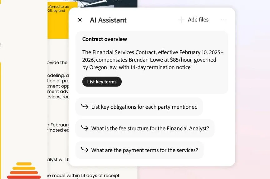 Adobe Acrobat AI liệt kê các điều khoản và thuật ngữ chính trong một hợp đồng, đơn giản hóa ngôn ngữ pháp lý