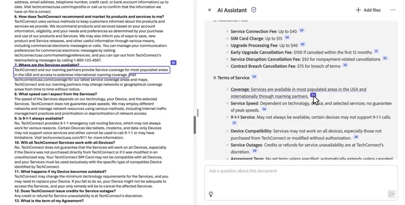 Adobe Acrobat AI tóm tắt hợp đồng và cung cấp trích dẫn chính xác nguồn thông tin trong tài liệu