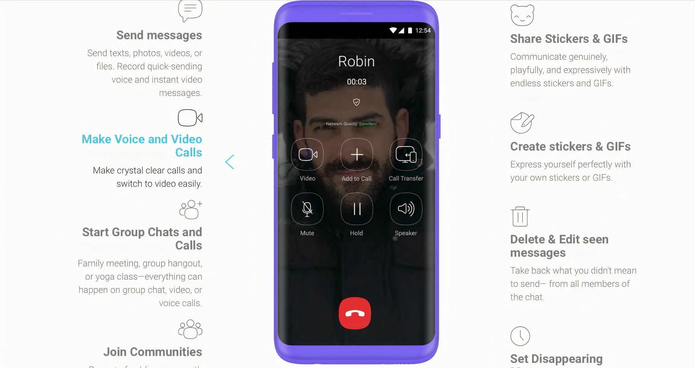 Ảnh chụp màn hình các dịch vụ và tính năng của Viber, bao gồm gọi video và nhắn tin.