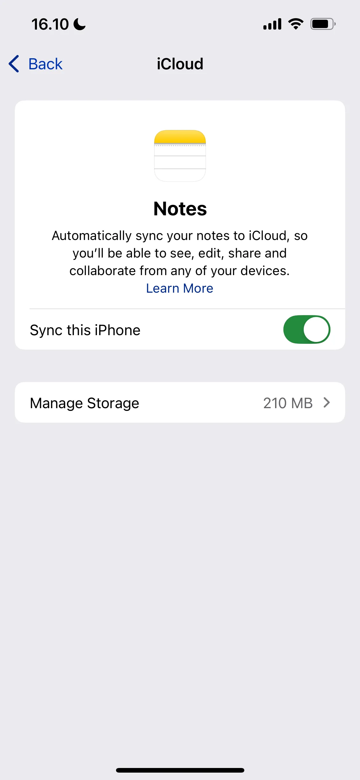 Ảnh chụp màn hình: Cài đặt đồng bộ ứng dụng Ghi chú trong iCloud, hiển thị tùy chọn tắt đồng bộ Ghi chú trên iPhone.