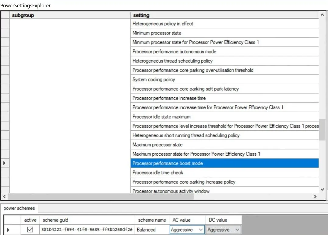 Ảnh chụp màn hình công cụ Power Settings Explorer để tinh chỉnh cài đặt nguồn máy tính
