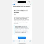 Ảnh chụp màn hình email lừa đảo mạo danh 1Password yêu cầu khôi phục mật khẩu chính