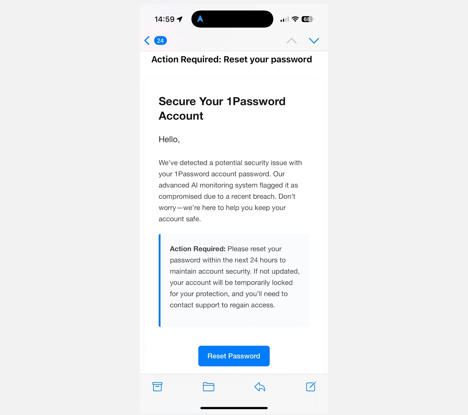 Ảnh chụp màn hình email lừa đảo mạo danh 1Password yêu cầu khôi phục mật khẩu chính