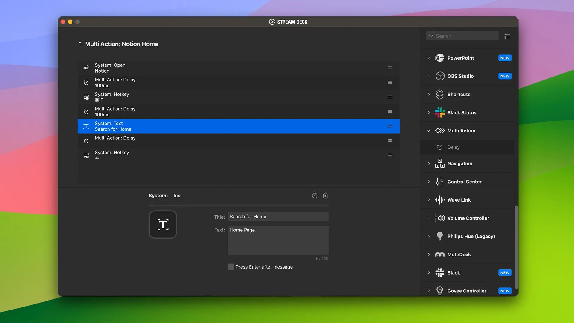 Ảnh chụp màn hình giao diện phần mềm Stream Deck, minh họa ví dụ tạo Multi Action để tự động hóa chuỗi tác vụ.