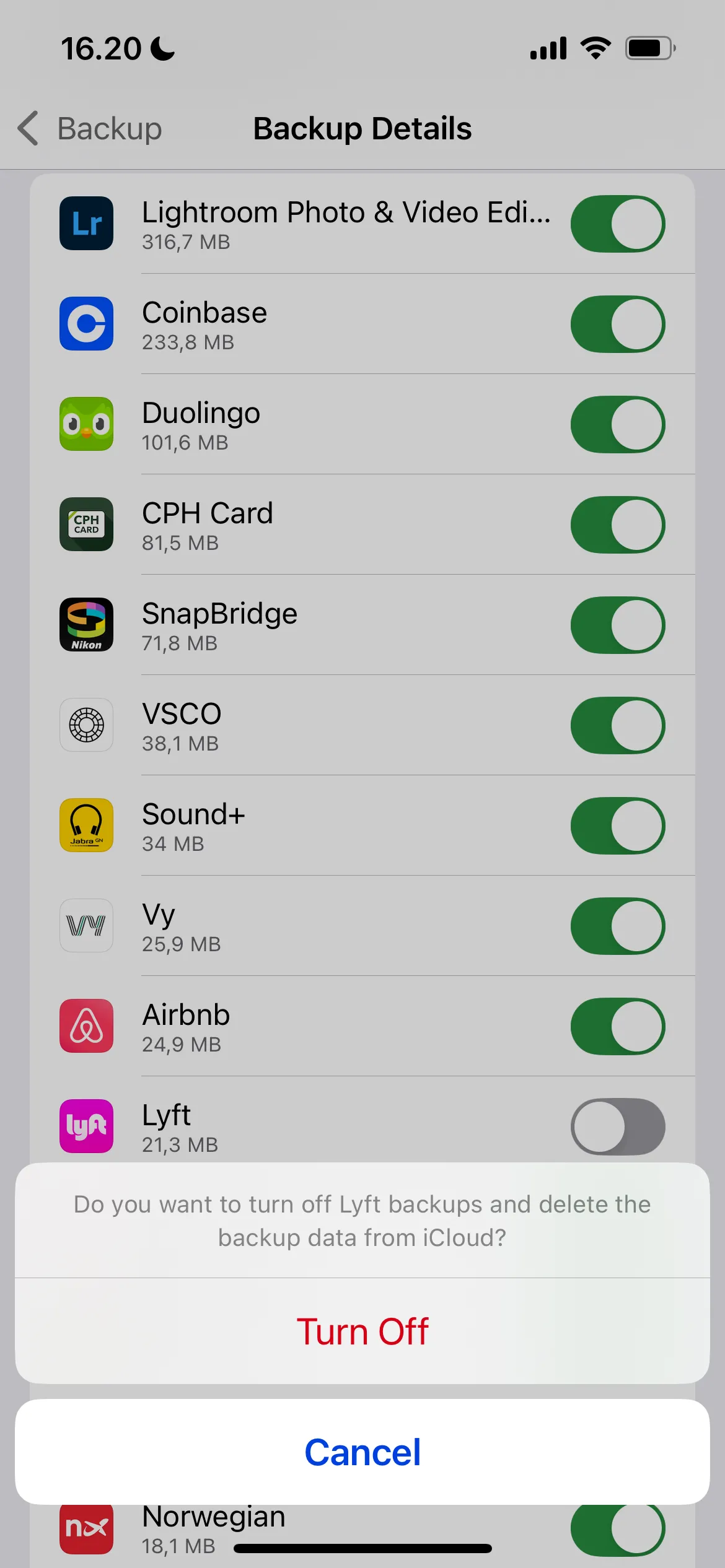 Ảnh chụp màn hình: Giao diện tắt cài đặt sao lưu iCloud cho các ứng dụng cụ thể trên iPhone.