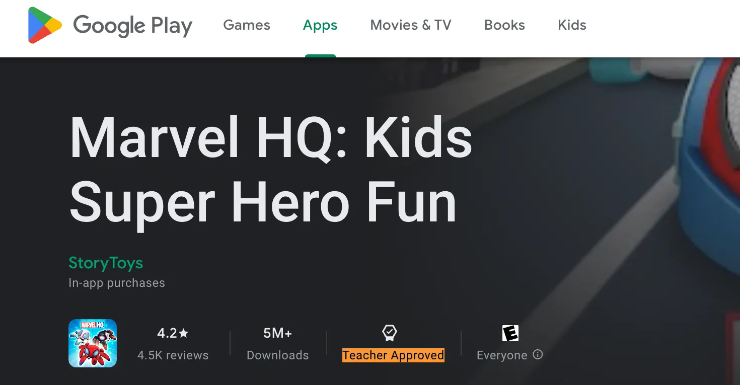 Ảnh chụp màn hình Google Play Store hiển thị ứng dụng Marvel HQ được 'Giáo viên Phê duyệt', gợi ý nội dung an toàn cho trẻ em trên Galaxy Watch.