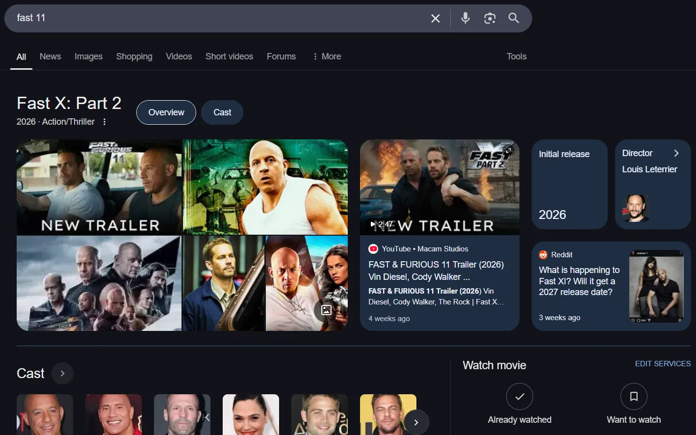 Ảnh chụp màn hình kết quả tìm kiếm Google cho &quot;Fast 11&quot; hiển thị nhiều tiêu đề clickbait và video giả mạo