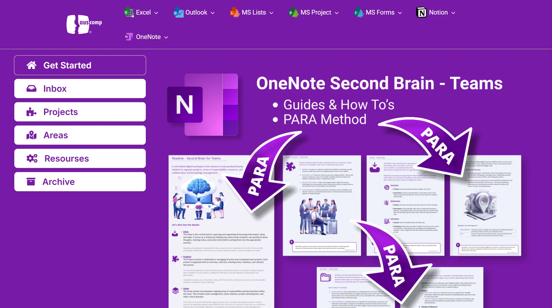 Ảnh chụp màn hình mẫu OneNote &quot;Second Brain&quot; từ Auscomp, giúp tổ chức thông tin hiệu quả.