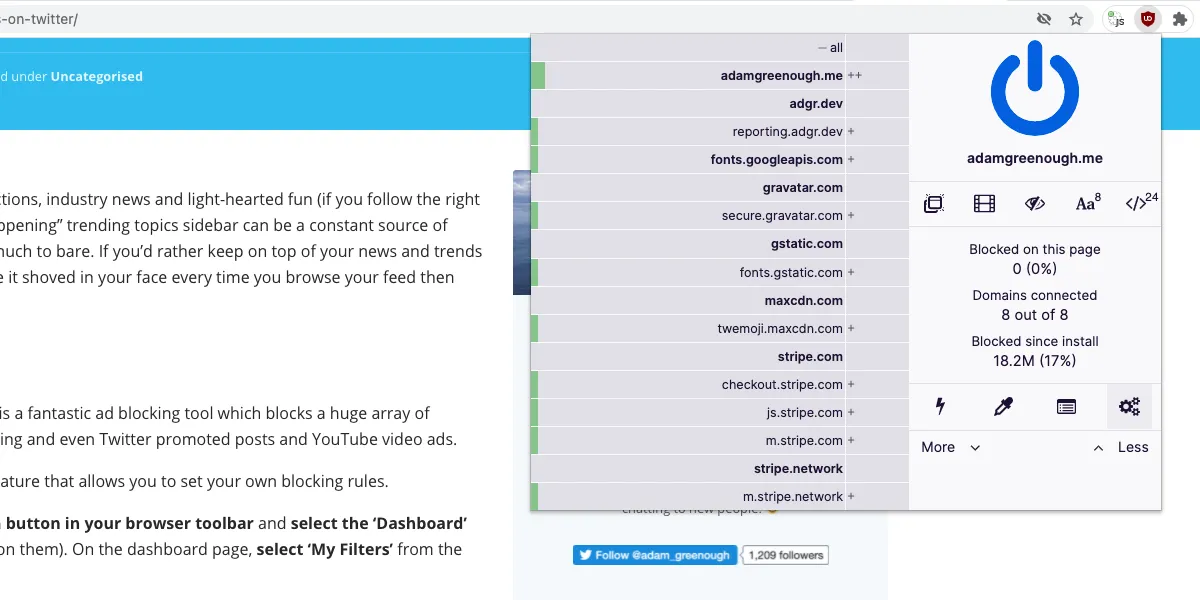 Ảnh chụp màn hình menu uBlock Origin, với biểu tượng Bảng điều khiển được tô sáng, minh họa cài đặt chặn quảng cáo.