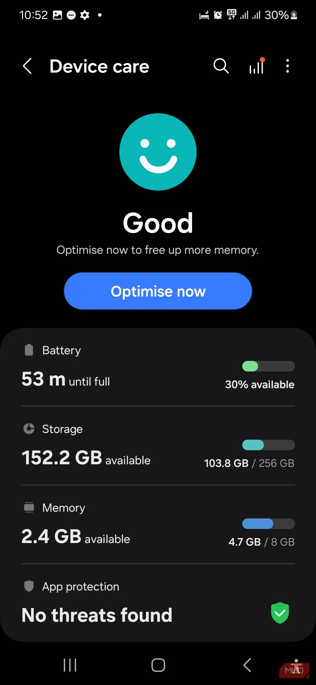 Ảnh chụp màn hình phần Cài đặt Chăm sóc thiết bị (Device Care) trên điện thoại Samsung hiển thị tình trạng Tốt