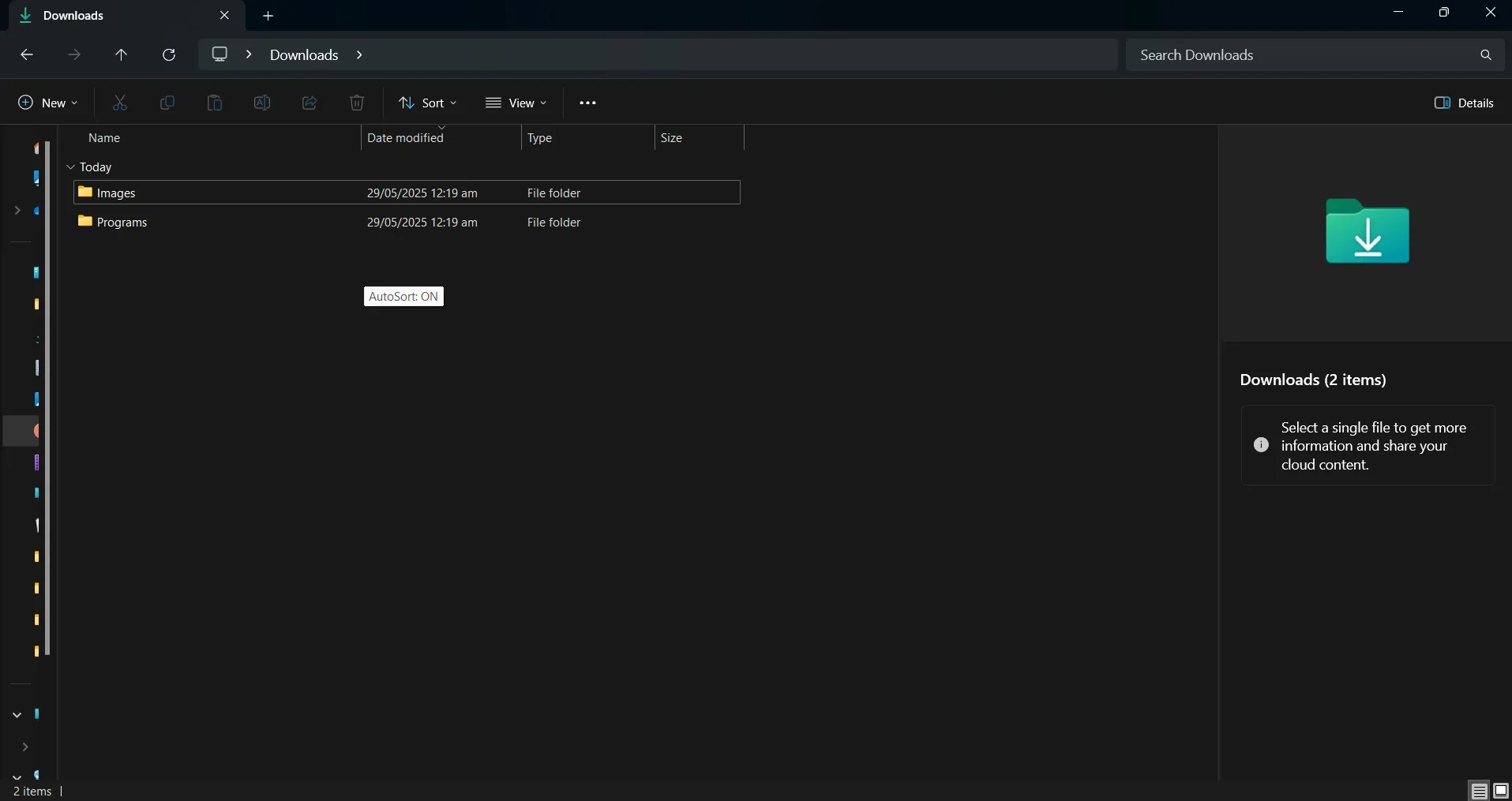 Ảnh chụp màn hình thư mục Tải xuống đã được sắp xếp gọn gàng thành các thư mục con (Docs, Images, Music) sau khi áp dụng script AutoHotkey tự động.