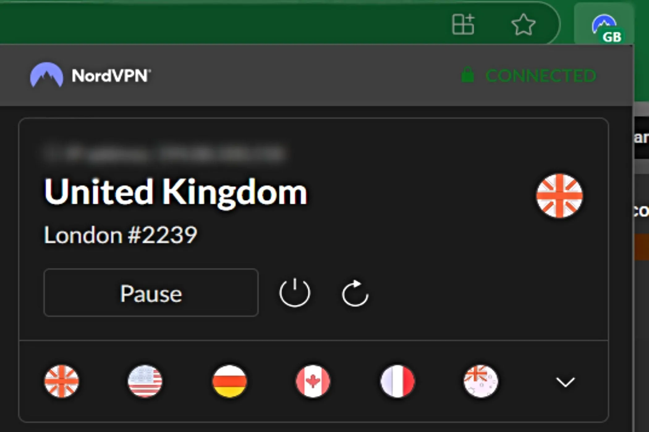 Ảnh chụp màn hình tiện ích mở rộng NordVPN trên trình duyệt Edge, minh họa vấn đề khi cố gắng chạy nhiều tiện ích VPN cùng lúc.