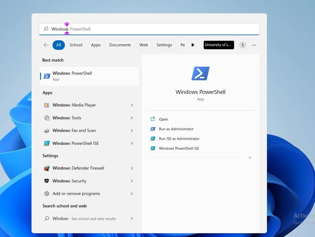Ảnh chụp màn hình tìm kiếm Windows PowerShell trong thanh Start Menu của Windows, giúp người dùng dễ dàng truy cập.