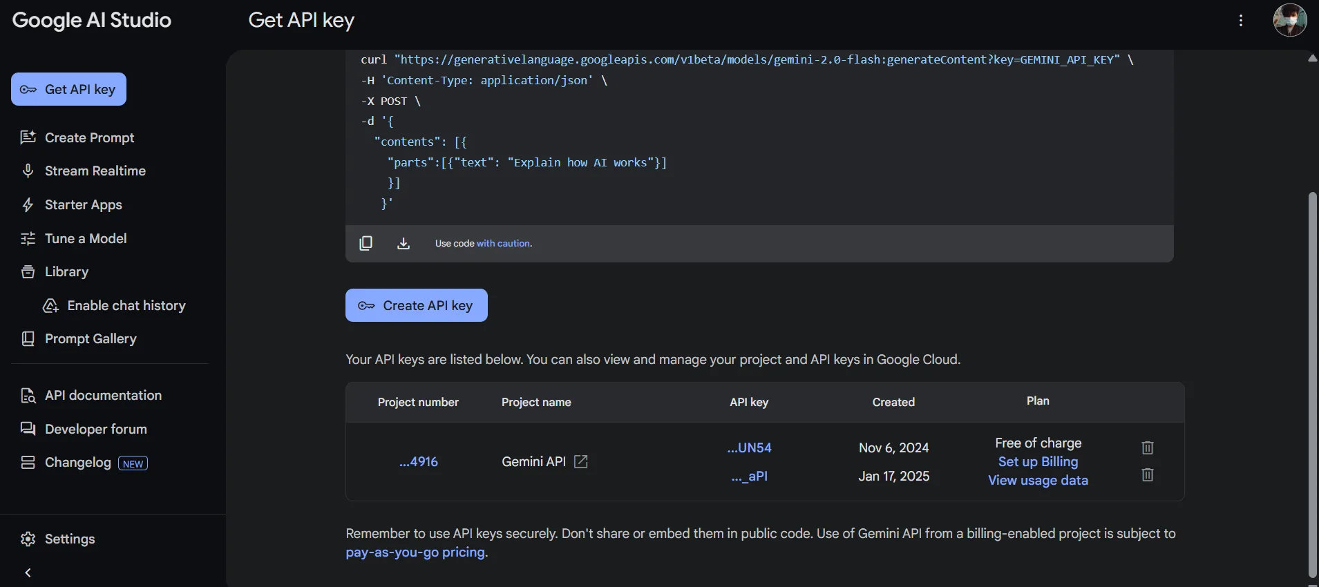 Ảnh chụp màn hình trang Google AI Studio hiển thị nút &quot;Tạo khóa API&quot; để người dùng có thể tạo khóa API Gemini miễn phí phục vụ tích hợp với các ứng dụng khác