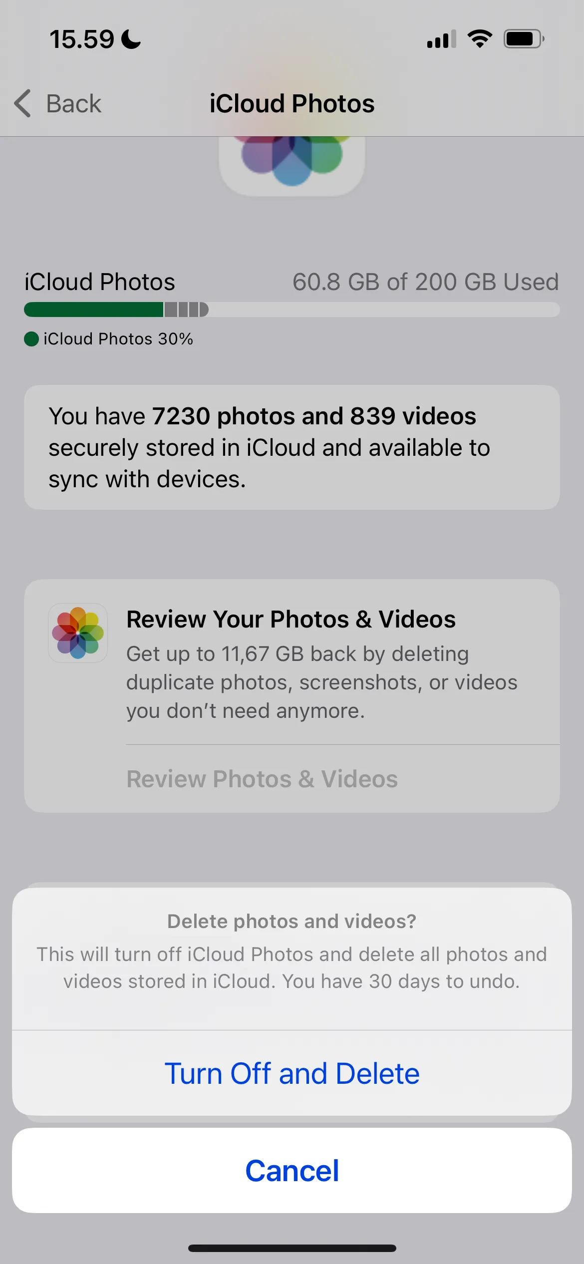 Ảnh chụp màn hình: Tùy chọn Tắt và Xóa ảnh khỏi đồng bộ hóa iCloud trong cài đặt Ảnh.