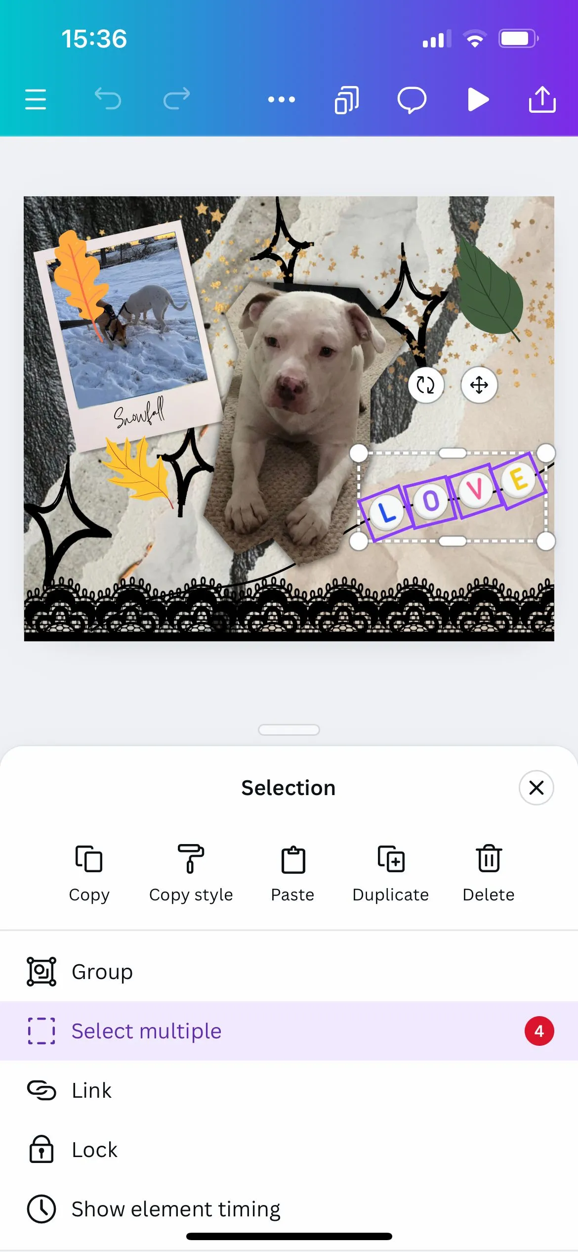 Ảnh chụp màn hình ứng dụng Canva với nhiều đối tượng được chọn, hiển thị tùy chọn 'Chọn Nhiều' trong menu.
