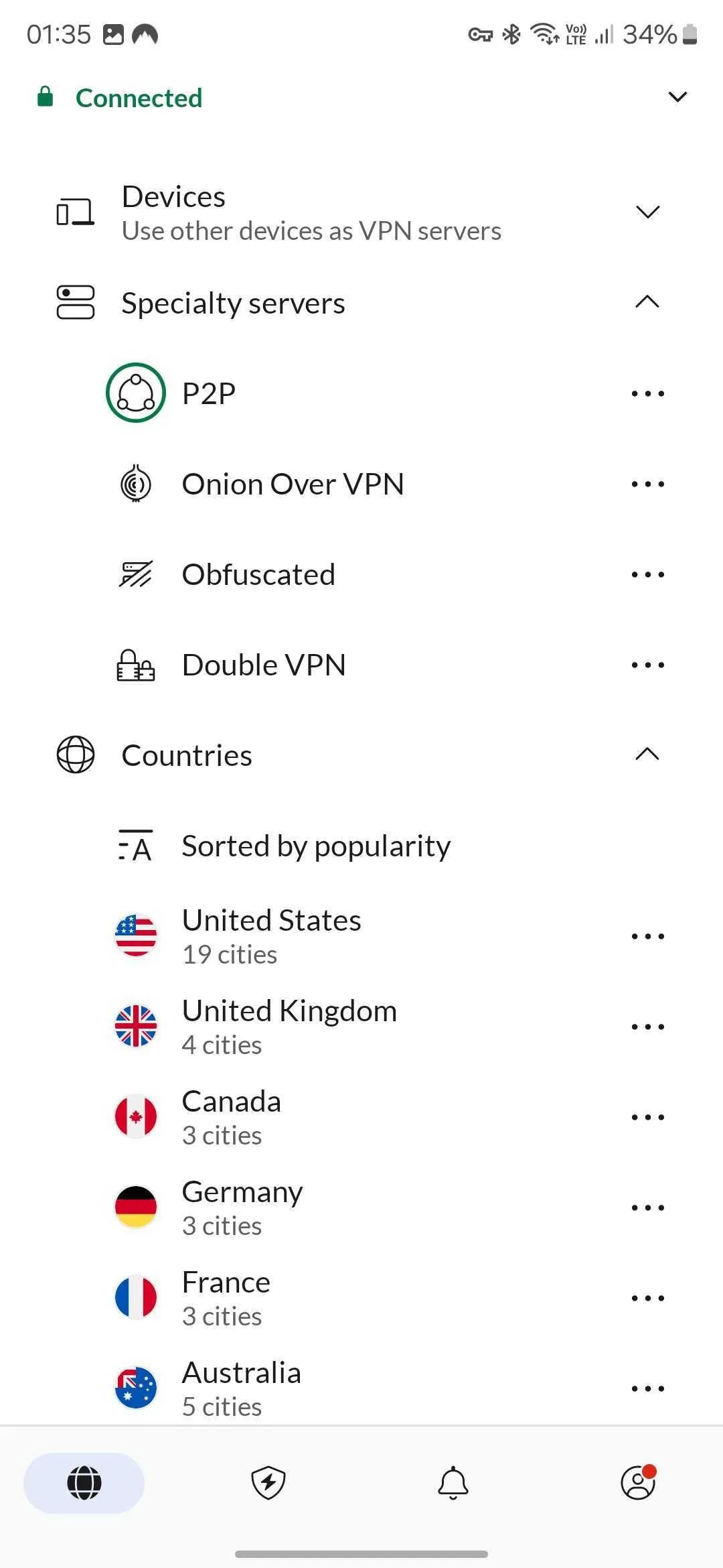 Ảnh chụp màn hình ứng dụng NordVPN trên điện thoại Android, minh họa trạng thái kết nối VPN đang hoạt động để bảo mật.