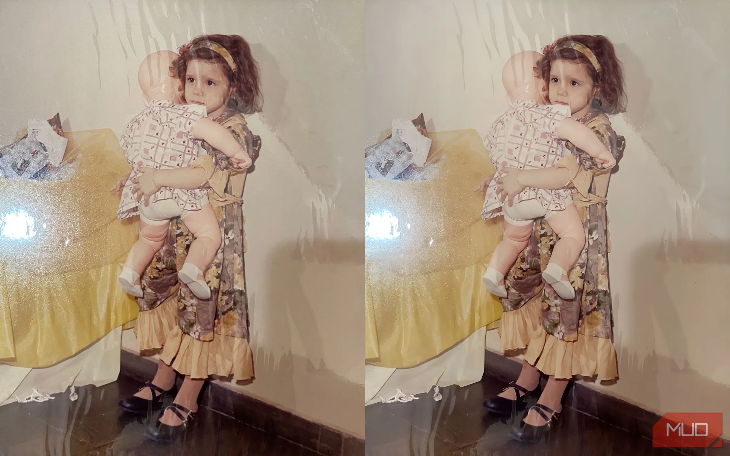 Ảnh cô bé ôm búp bê trước và sau khi phục hồi bằng AI Picsart