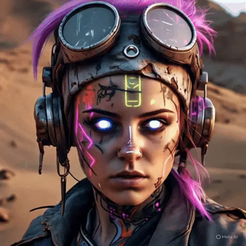 Ảnh động GIF người phụ nữ cyberpunk từ Meta AI với chuyển động pan camera tinh tế