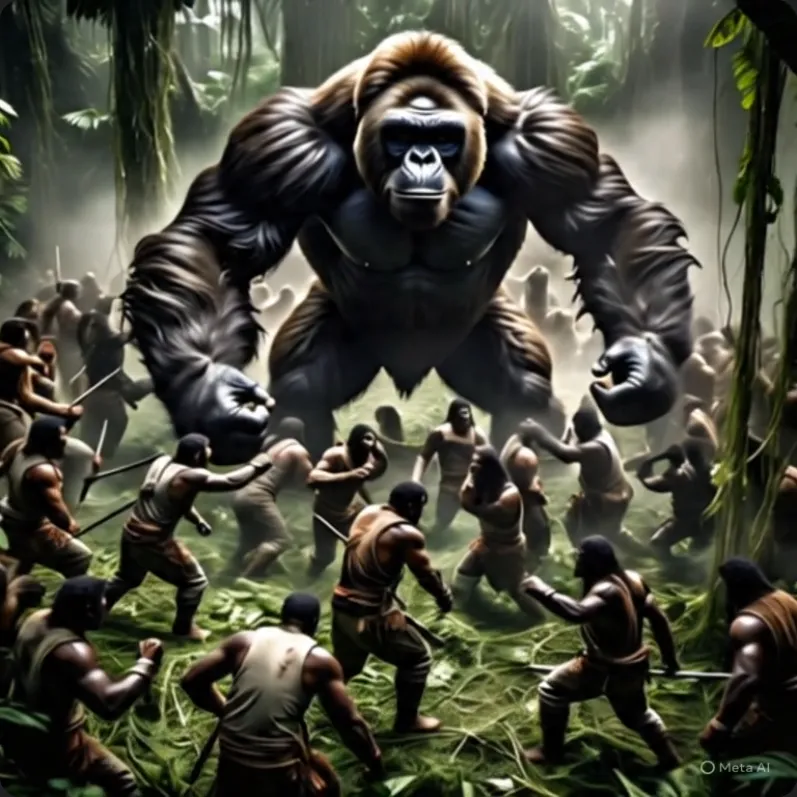 Ảnh tĩnh 100 người đàn ông cầm giáo chuẩn bị chiến đấu với gorilla khổng lồ trong rừng