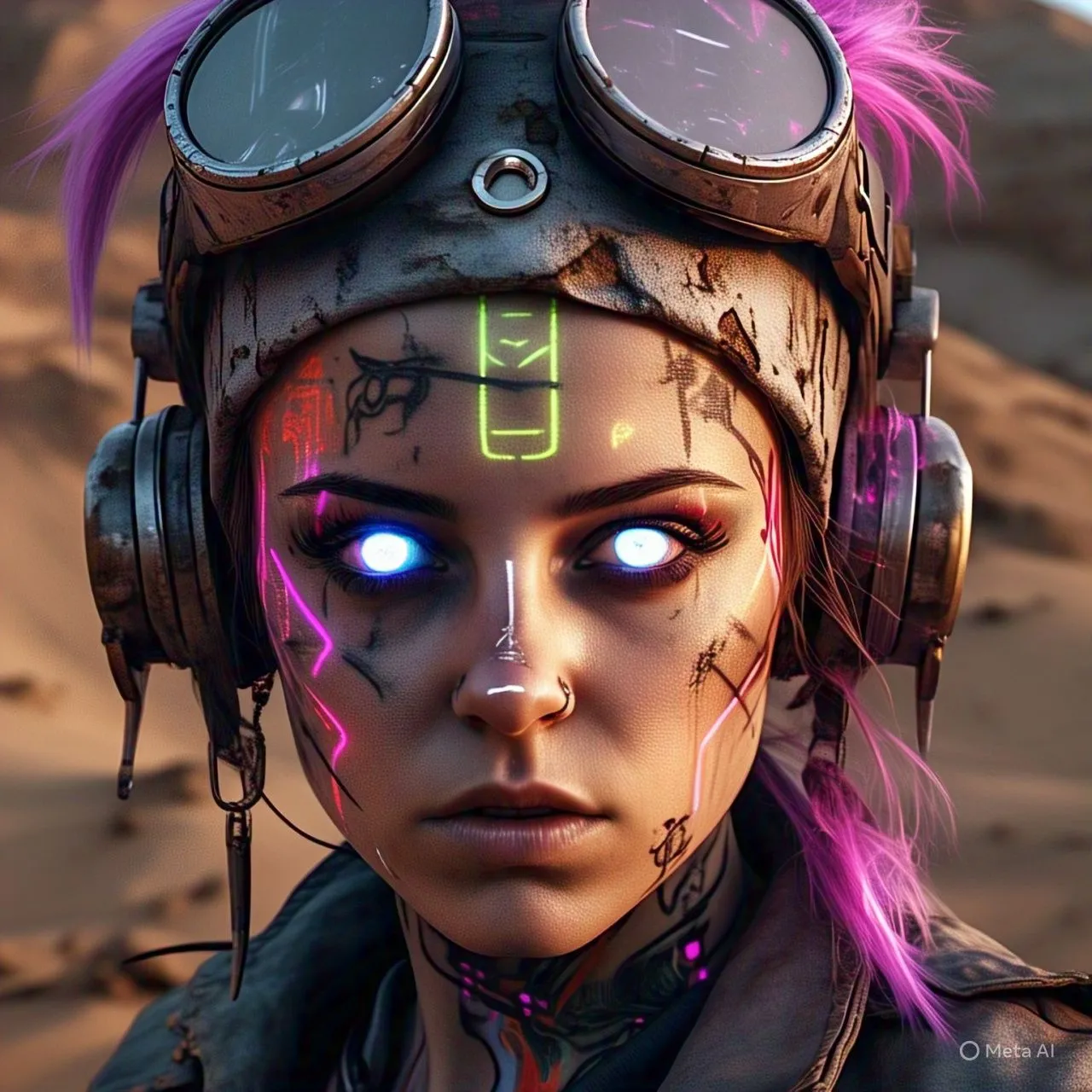 Ảnh tĩnh chân dung người phụ nữ cyberpunk với hình xăm neon, mắt phát sáng trong sa mạc