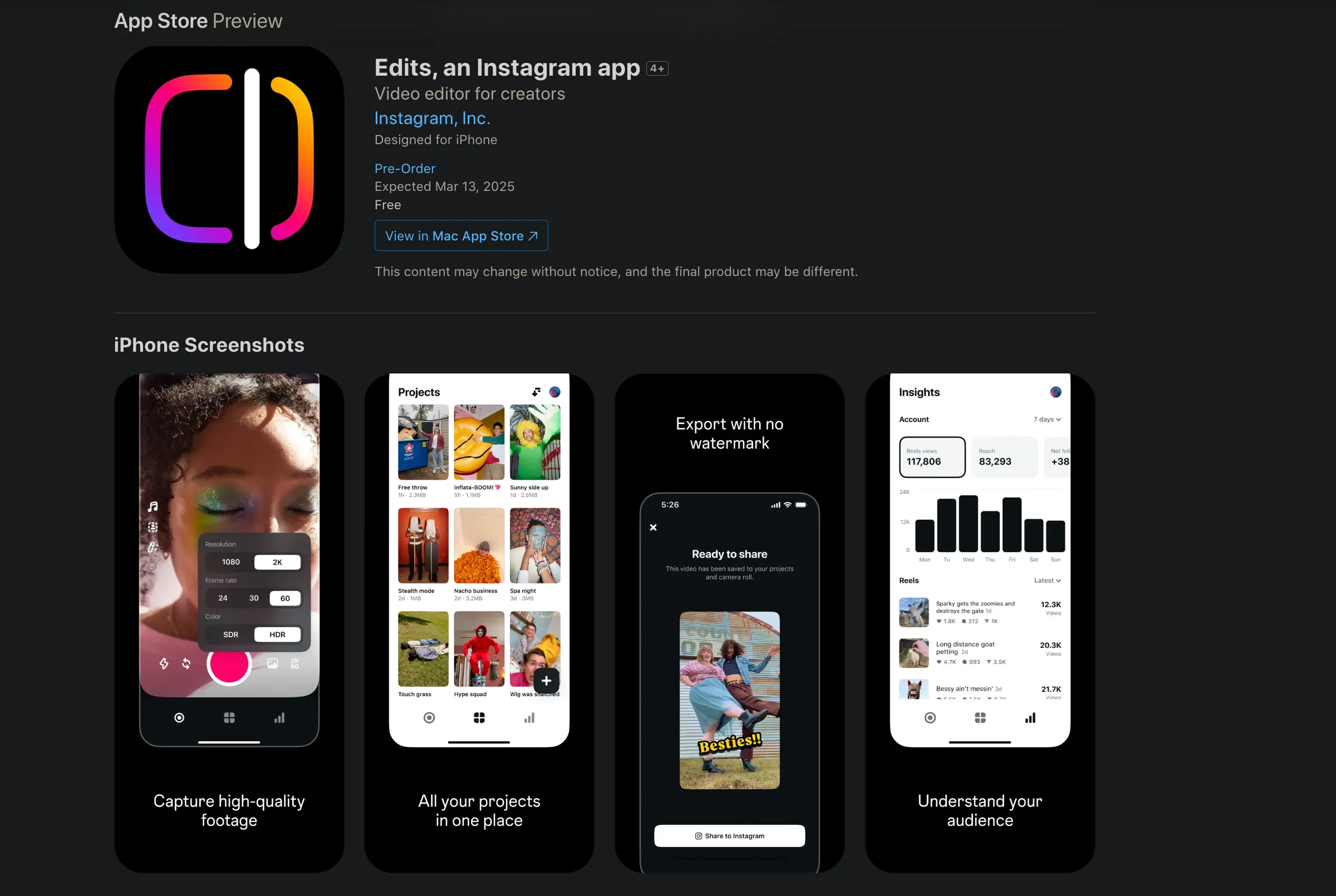 Ảnh xem trước ứng dụng Edits của Instagram trên App Store cho thấy các tính năng mới