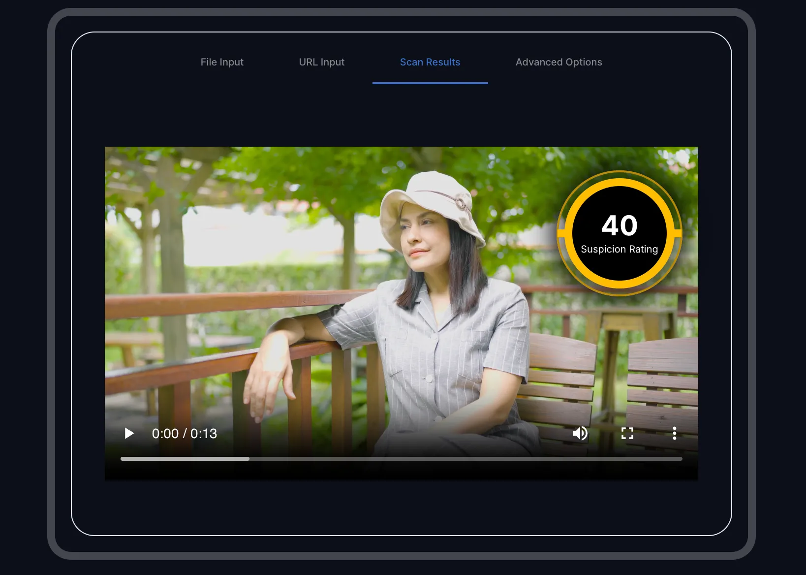 Attestiv.Video hiển thị kết quả đánh giá mức độ nghi ngờ deepfake của một video
