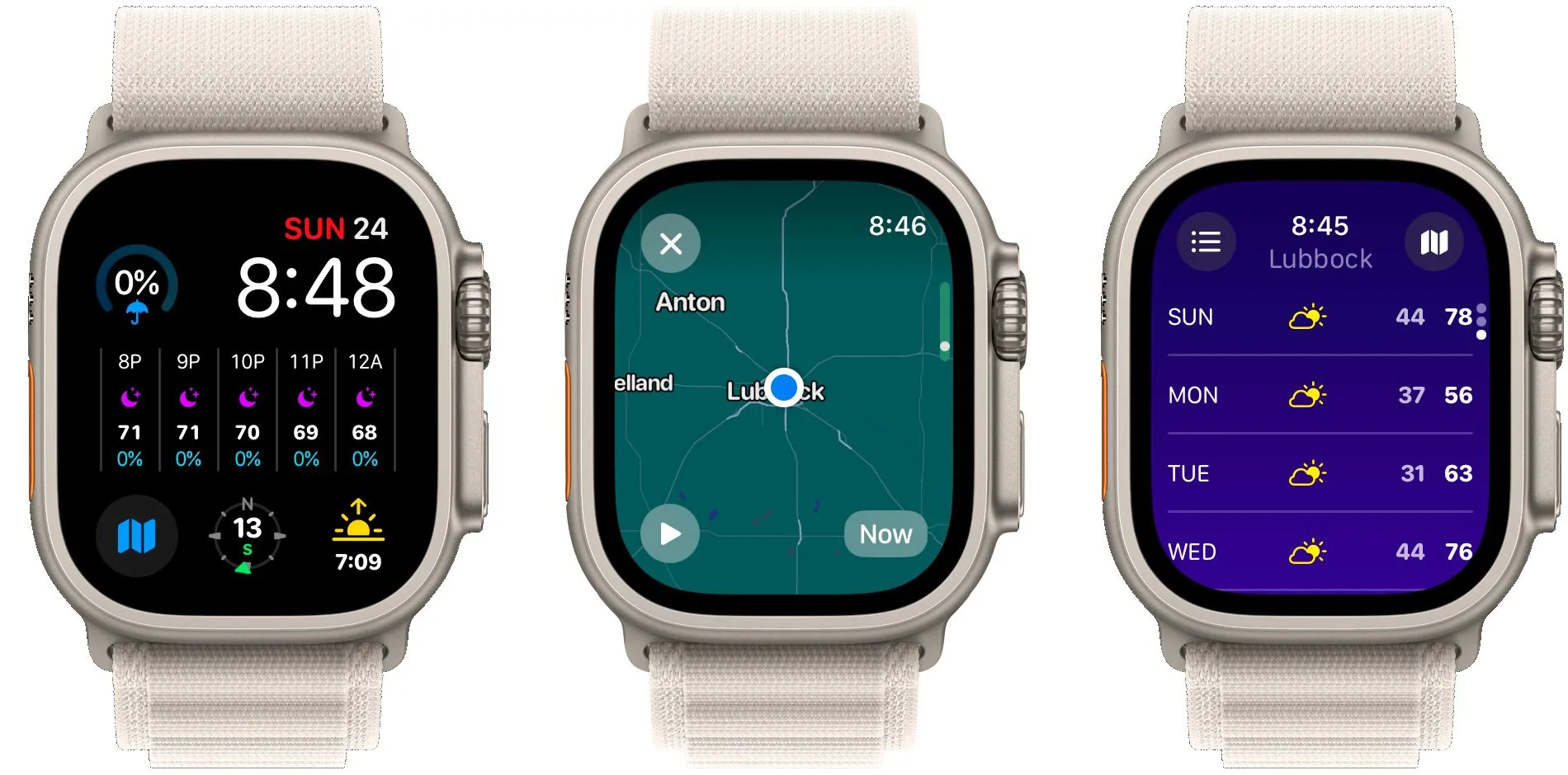 Ba giao diện ứng dụng Carrot Weather trên Apple Watch, thể hiện khả năng hiển thị đa dạng thông tin thời tiết trực quan trên đồng hồ thông minh.