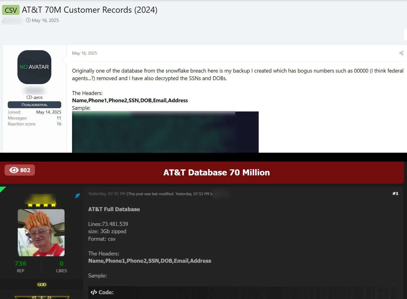 Bài đăng trên diễn đàn rao bán dữ liệu rò rỉ của khách hàng AT&T, bao gồm thông tin nhạy cảm.