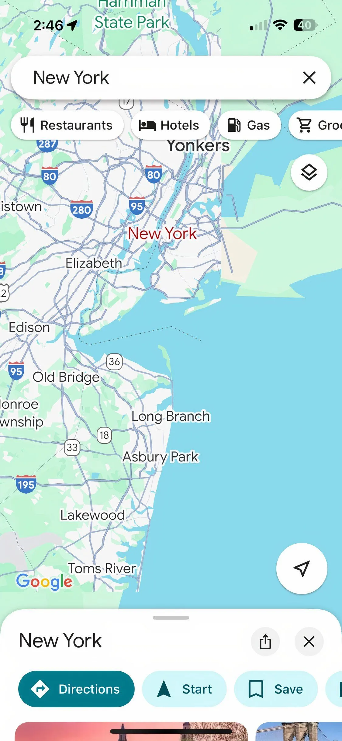 Bản đồ thành phố New York hiển thị trên ứng dụng Google Maps