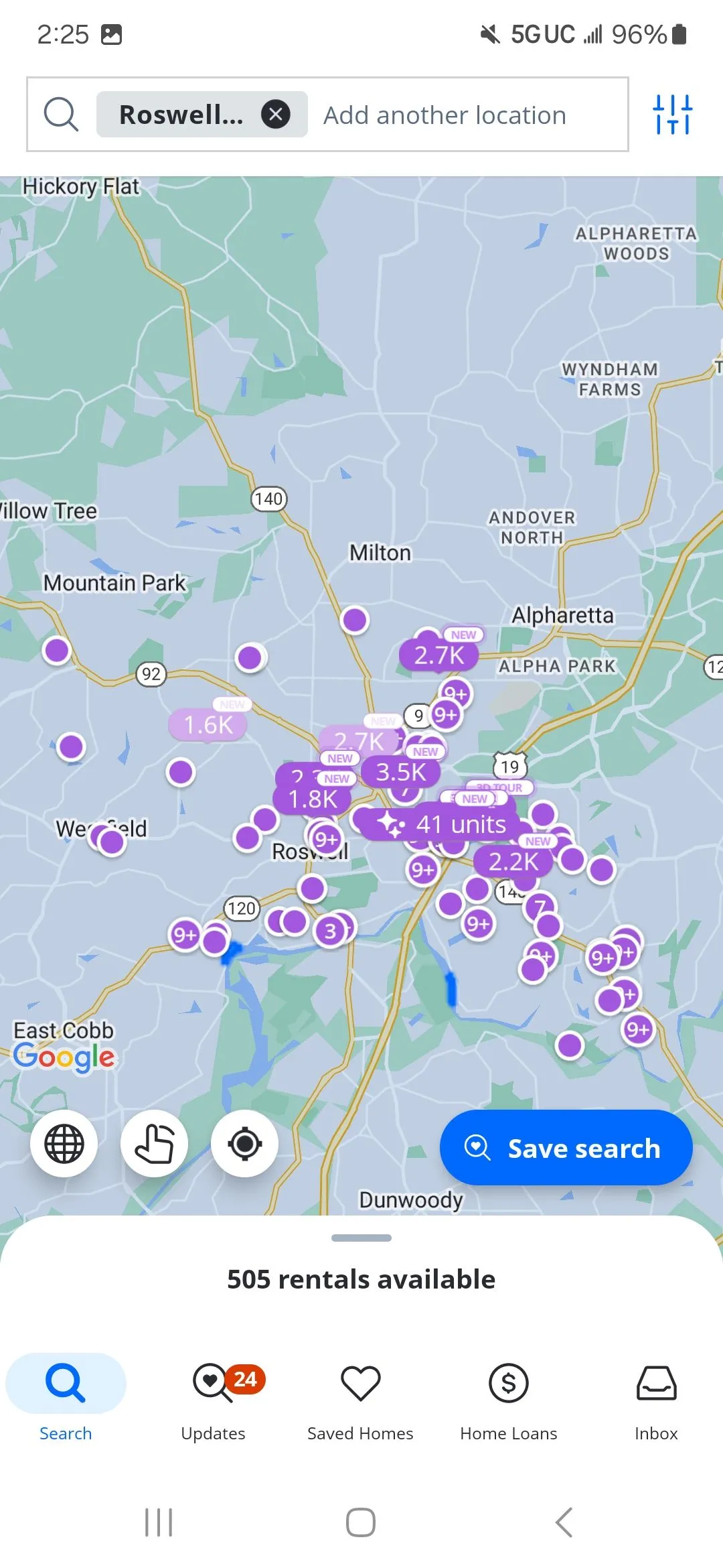 Bản đồ tương tác trên ứng dụng Zillow hiển thị các căn hộ cho thuê và giá khu vực.