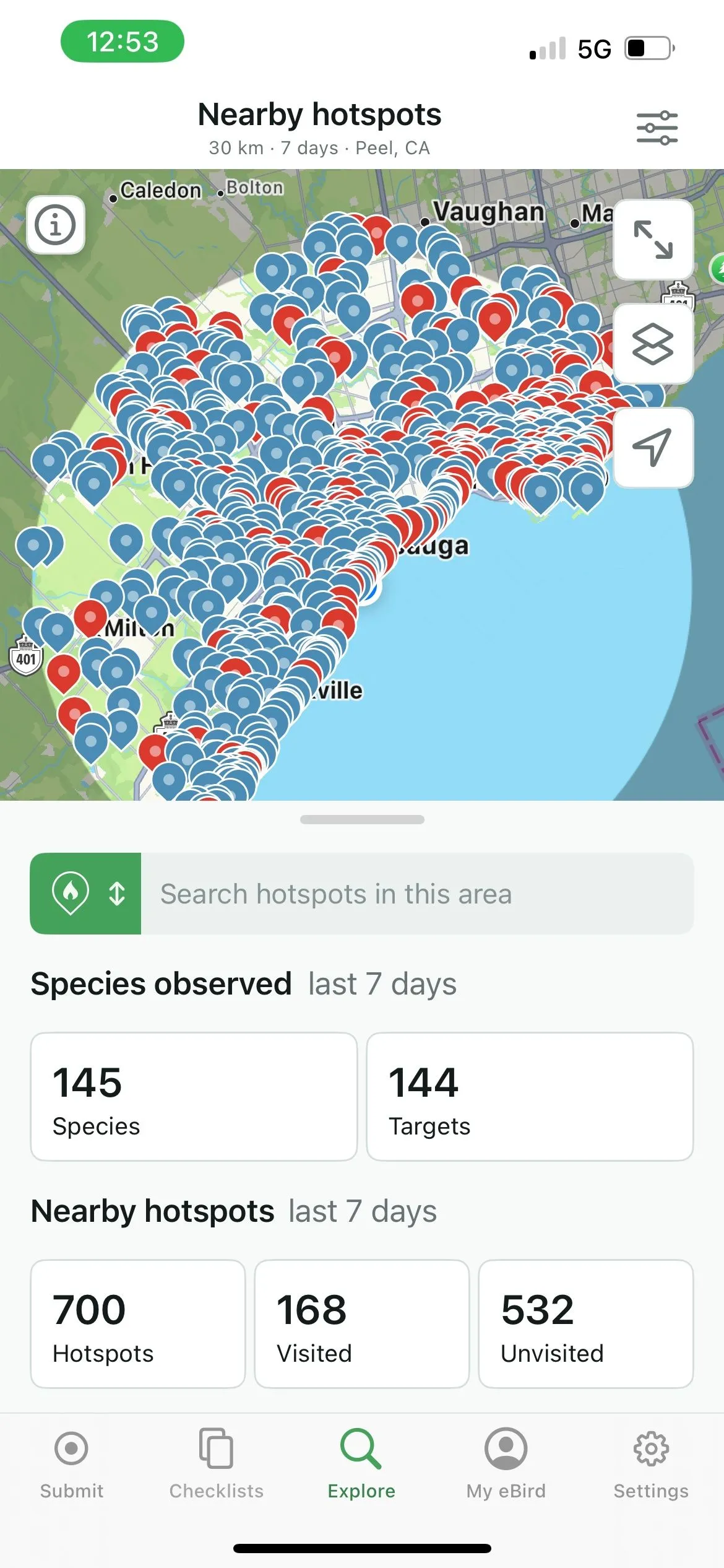 Bản đồ và danh sách quan sát chim trong eBird