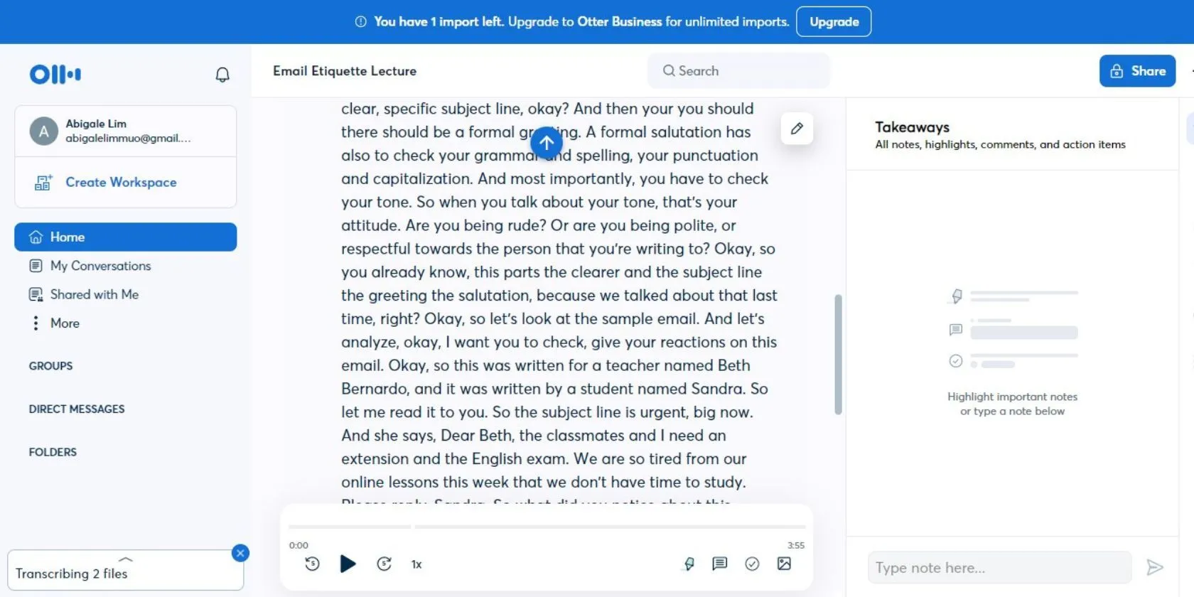Bản ghi văn bản mẫu từ một video được tạo bởi Otter.ai, minh họa khả năng chuyển đổi giọng nói thành văn bản của công cụ này.