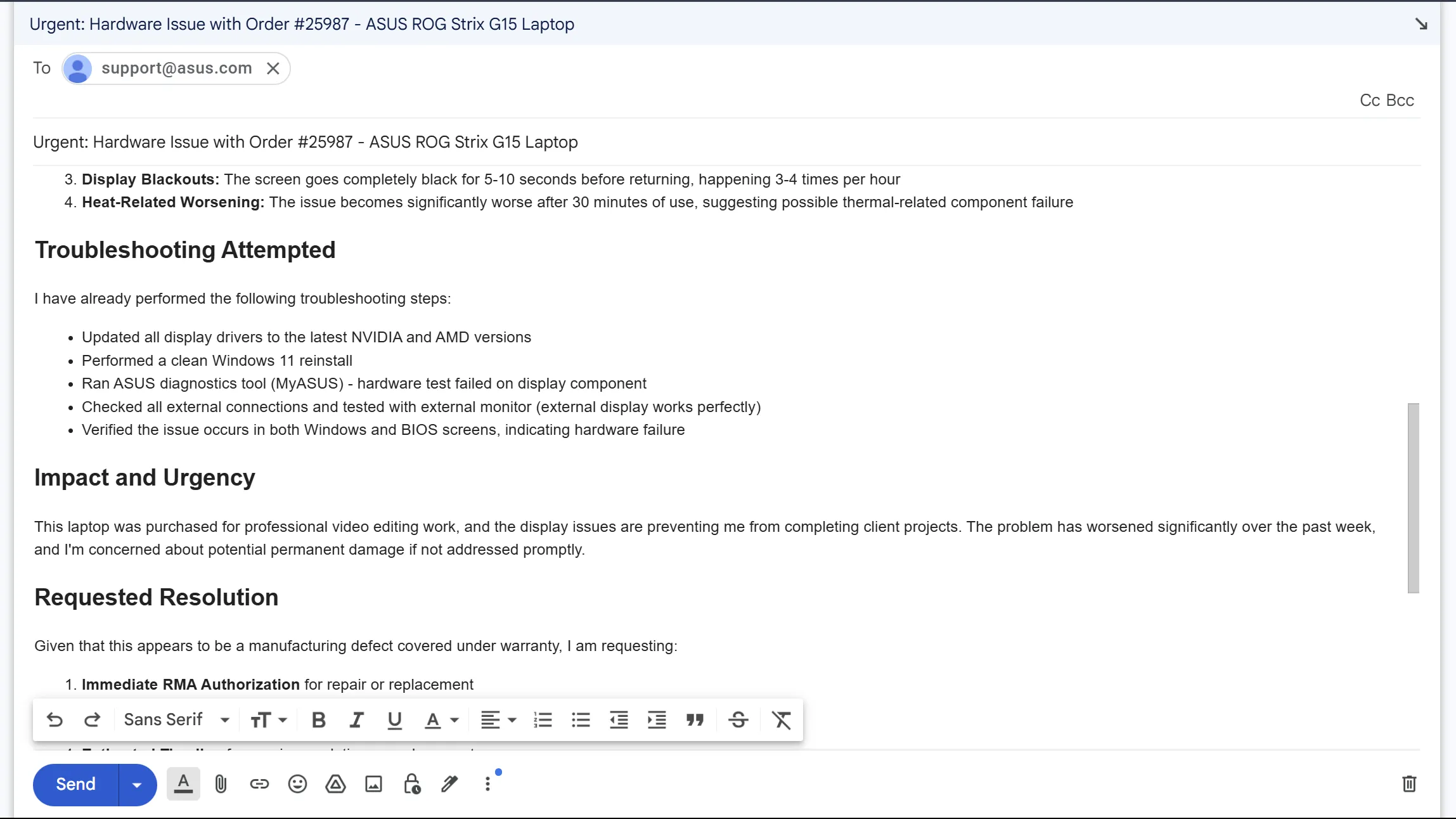 Bản nháp email gửi đến bộ phận hỗ trợ của ASUS về vấn đề phần cứng laptop, minh họa cách trình bày tiêu đề và nội dung email rõ ràng, súc tích.