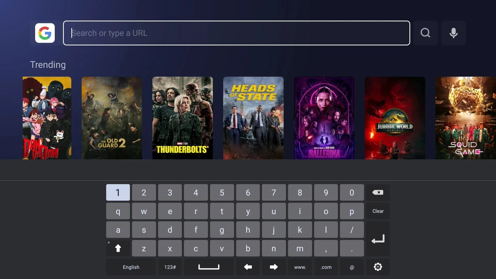 Bàn phím ảo hiển thị trên màn hình Smart TV khi duyệt web, cho thấy sự bất tiện khi không sử dụng bàn phím vật lý.