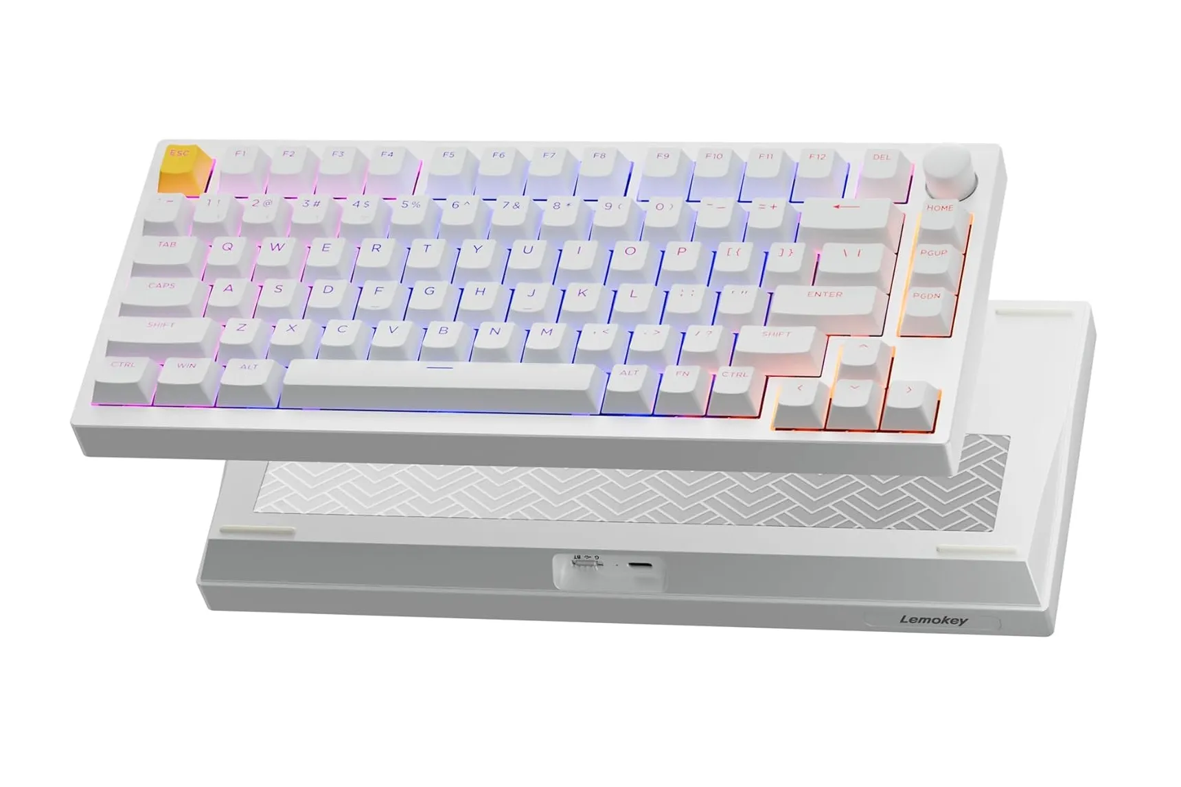 Bàn phím cơ Lemokey P1 HE màu trắng với đèn RGB nổi bật, tổng thể cao cấp.