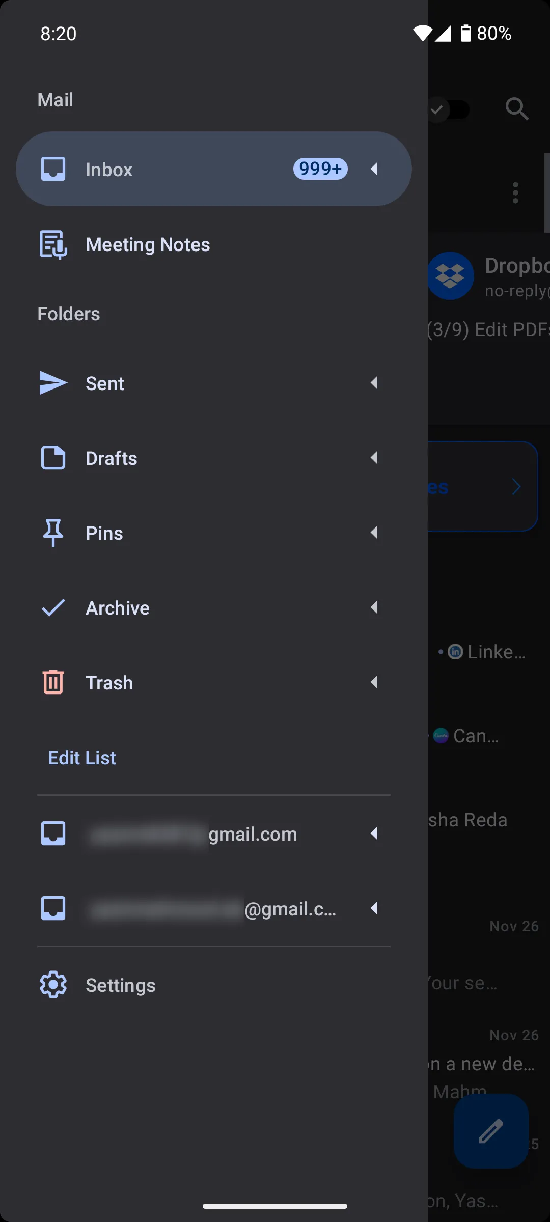 Bảng điều hướng và các tùy chọn thư mục trong ứng dụng Spark Mail trên Android