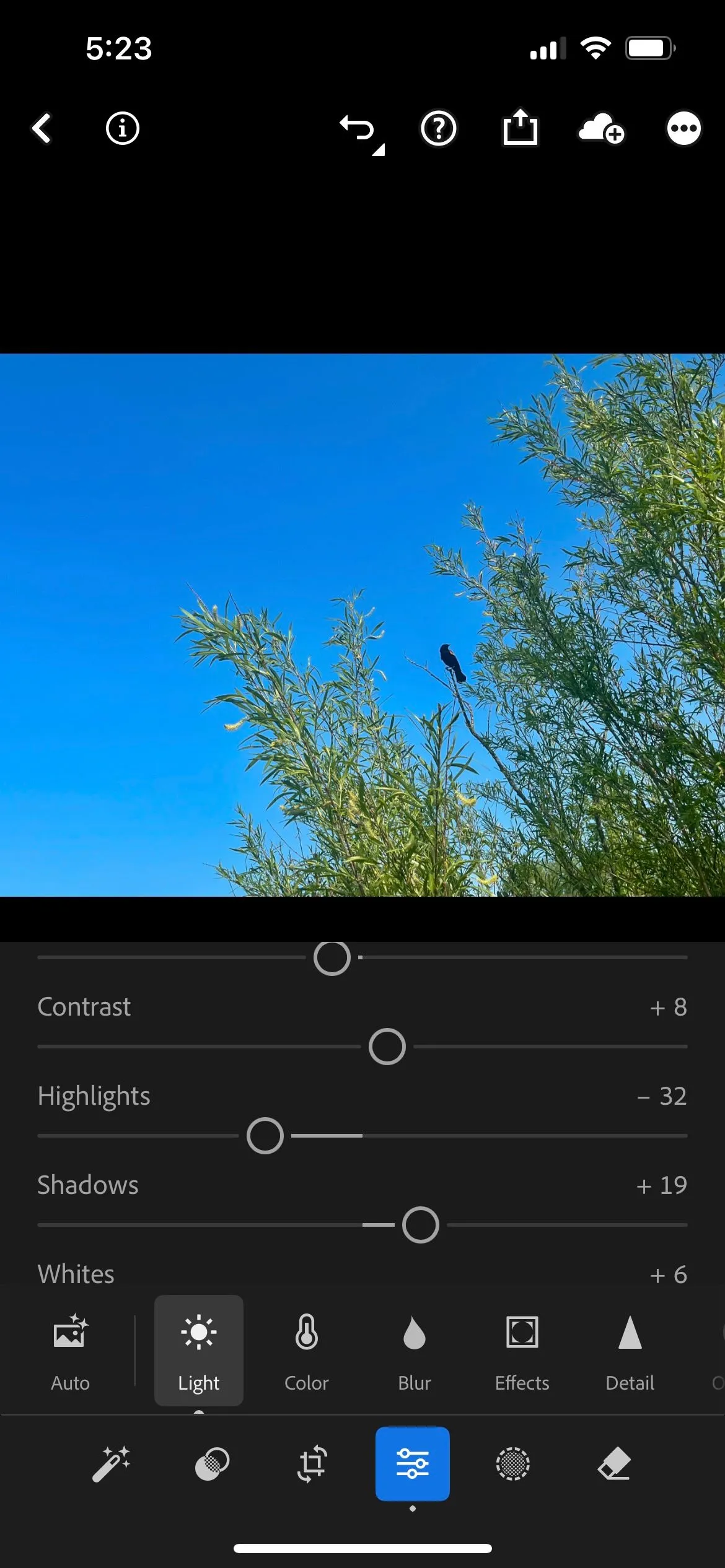 Bảng điều khiển chỉnh sửa độ phơi sáng cơ bản trong ứng dụng Lightroom Mobile, minh họa các tùy chọn hậu kỳ ảnh chuyên nghiệp