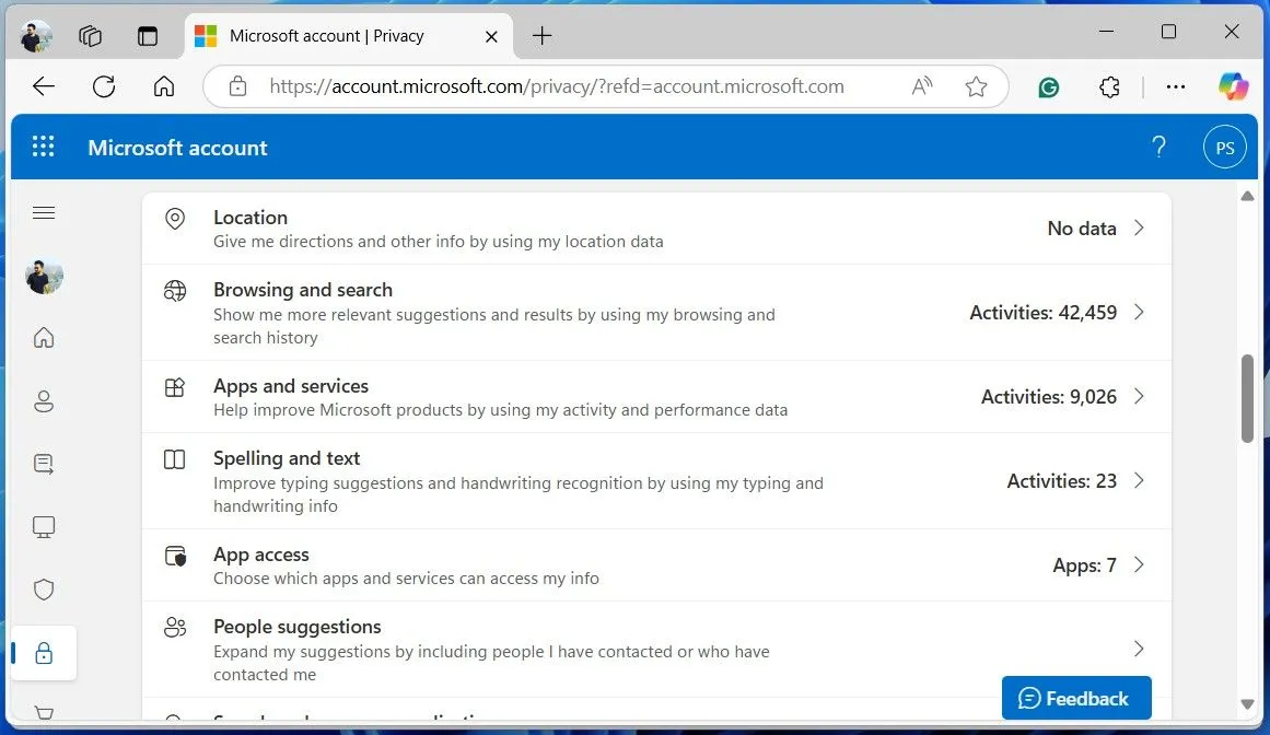 Bảng điều khiển quyền riêng tư Microsoft trong trình duyệt web