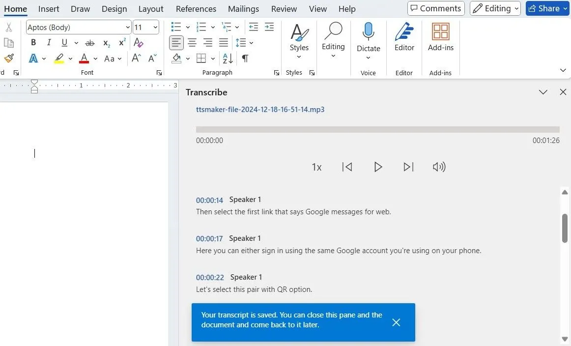 Bảng điều khiển tính năng Ghi lại (Transcribe) trong Microsoft Word, cho phép chuyển đổi âm thanh thành văn bản