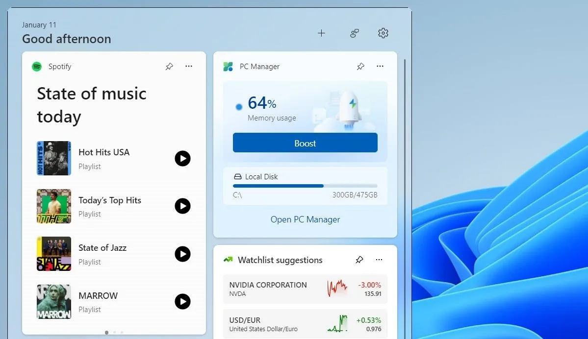 Bảng điều khiển Widgets trên Windows 11 hiển thị ứng dụng Spotify