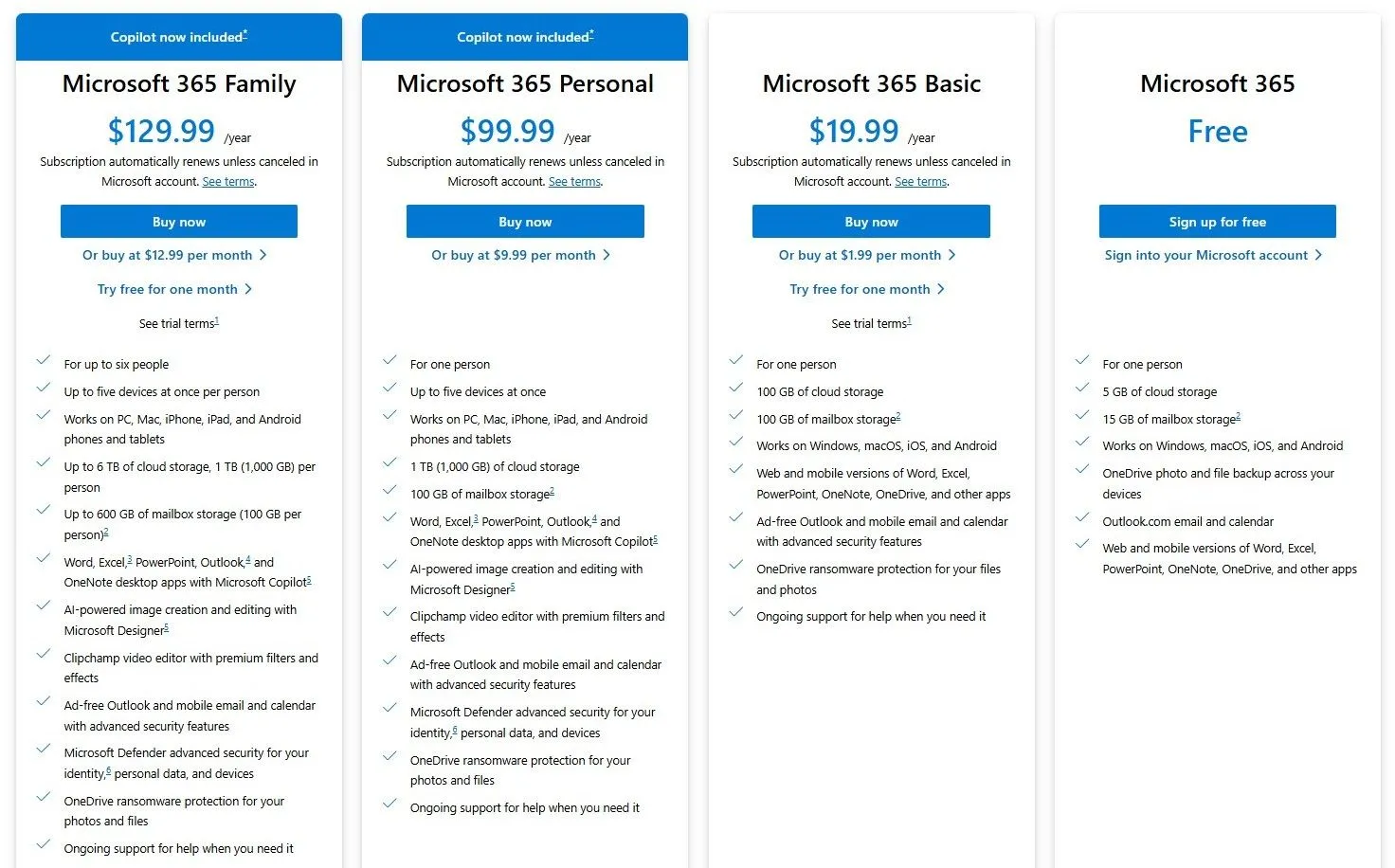 Bảng giá các gói đăng ký Microsoft 365 bao gồm dung lượng OneDrive.