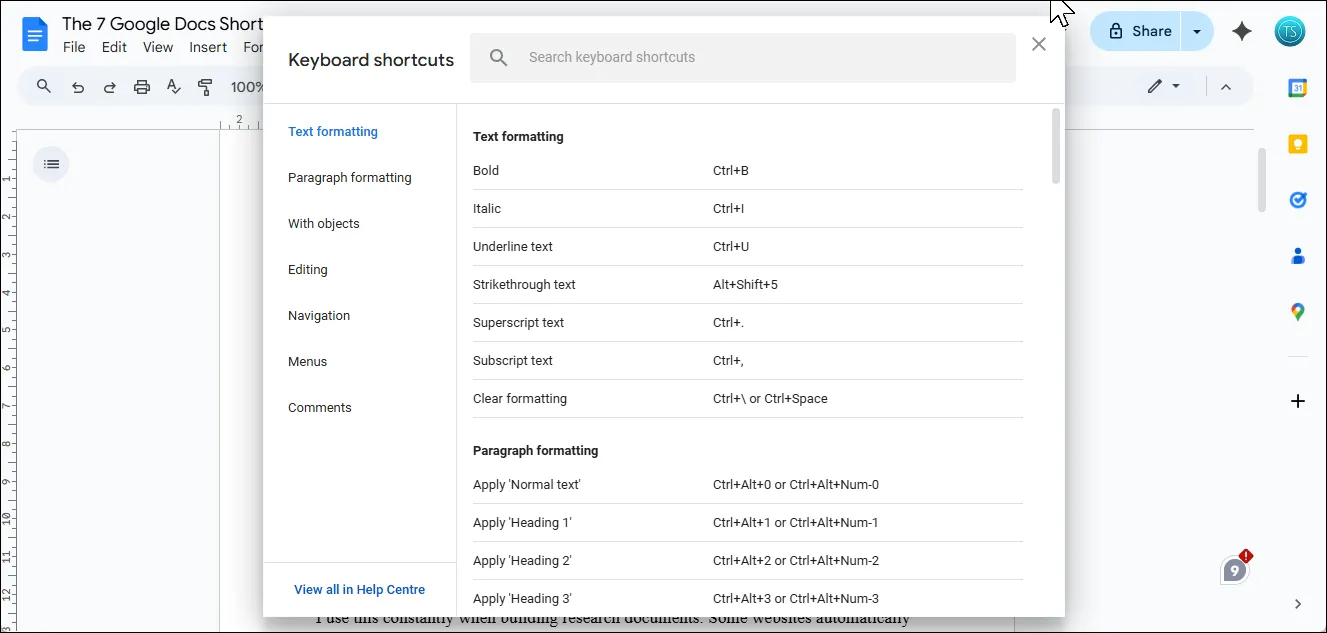 Bảng hiển thị tất cả các phím tắt Google Docs có thể tìm kiếm và phân loại.