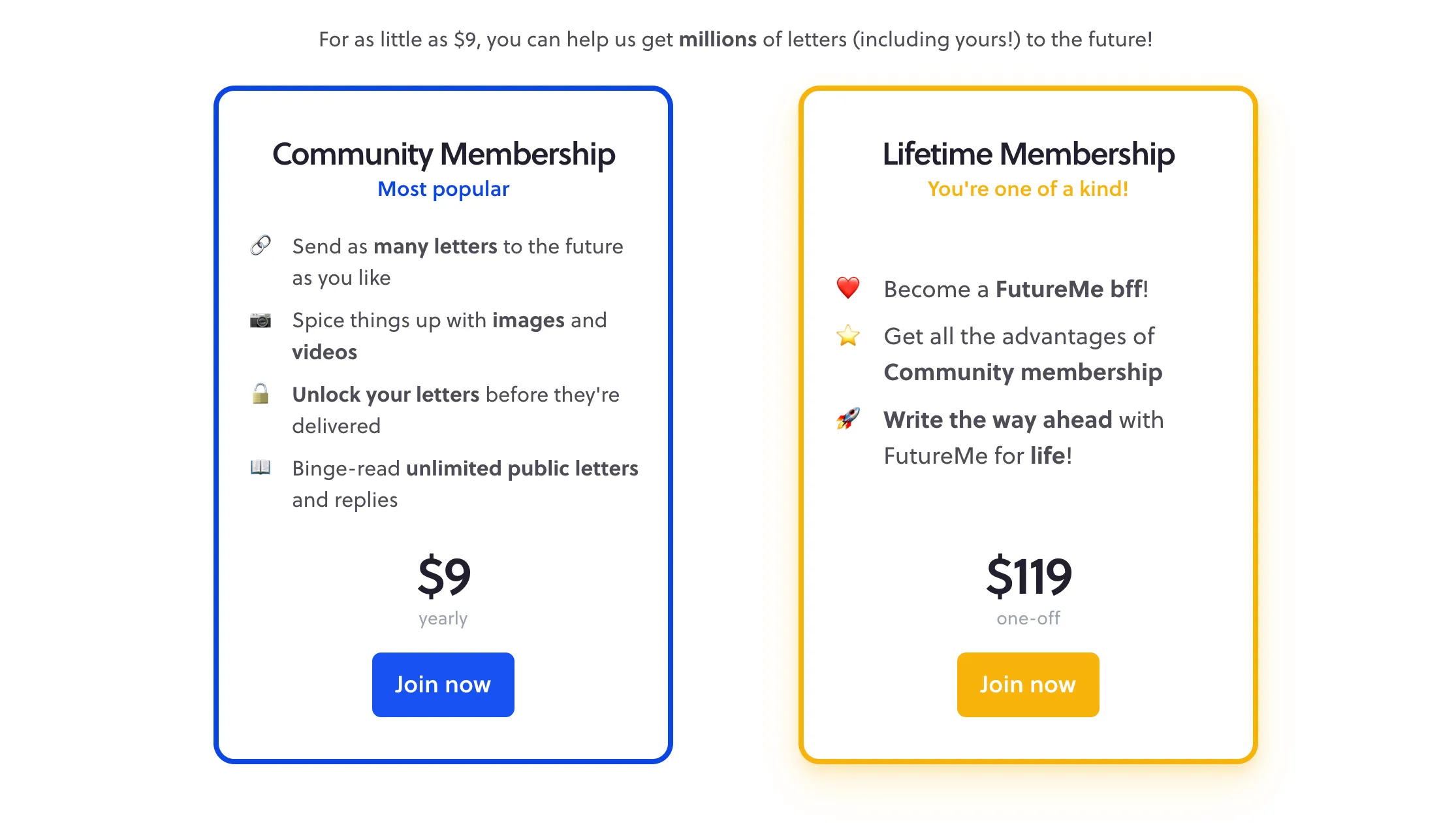 Bảng so sánh các gói thành viên FutureMe Premium: Community và Lifetime