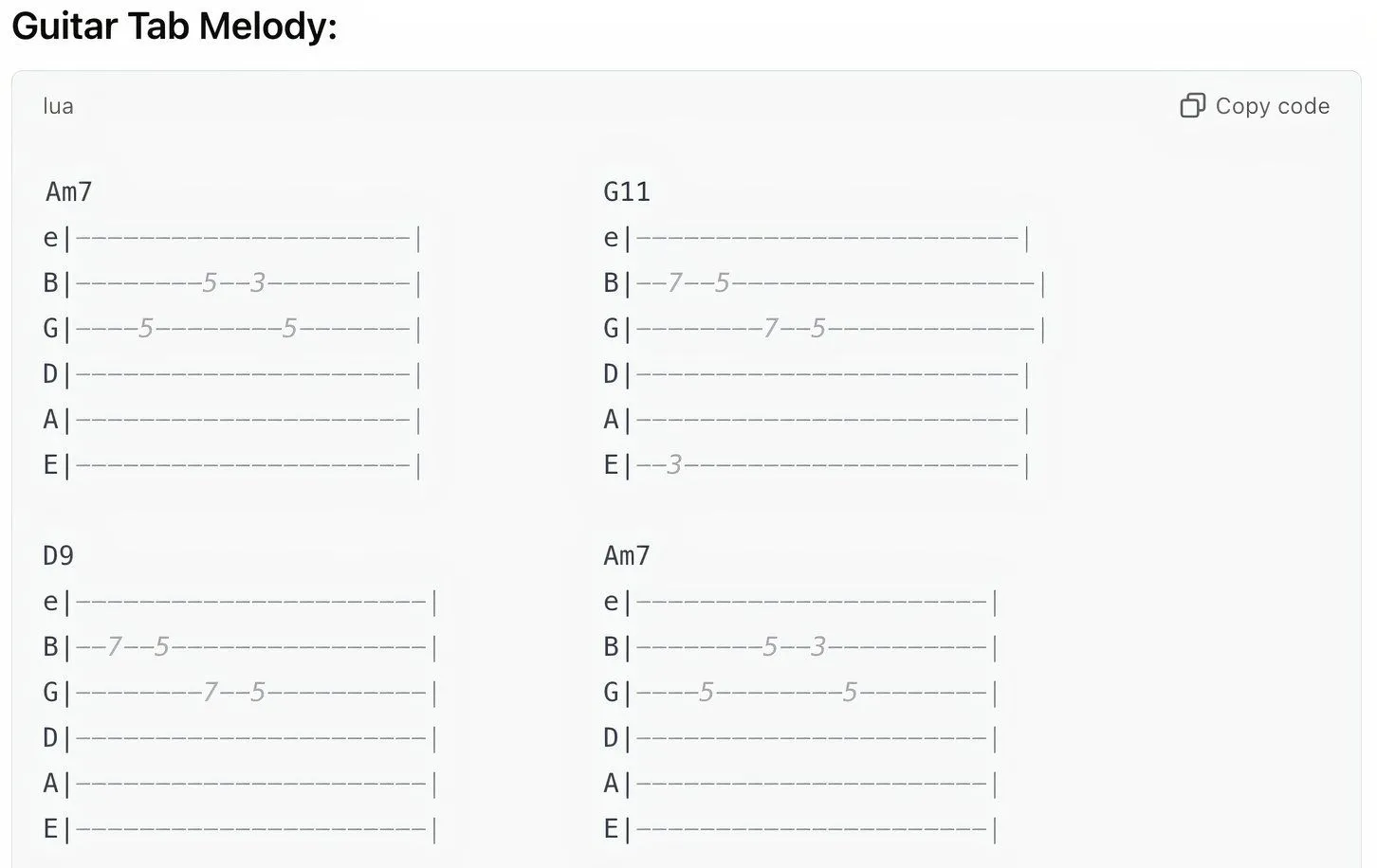 Bảng tab guitar do ChatGPT tạo ra cho giai điệu và hợp âm cụ thể, minh họa khả năng sáng tác nhạc của AI.