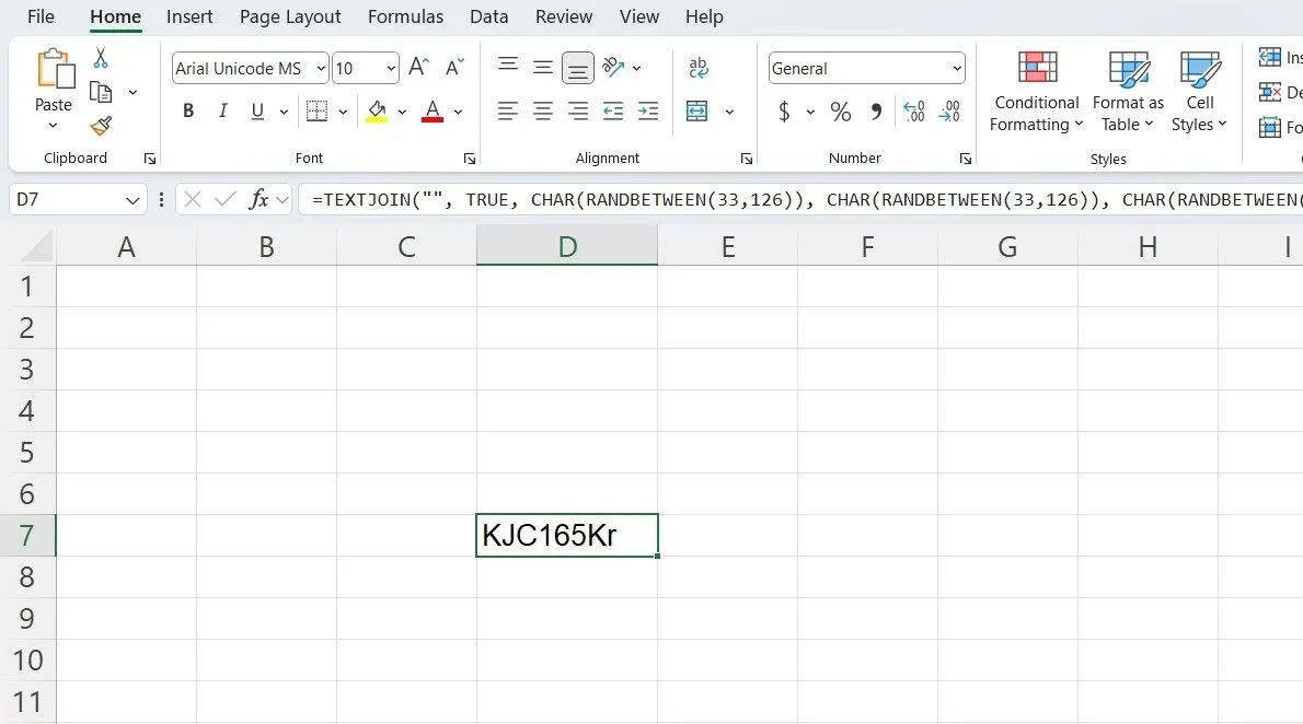 Bảng tính Excel minh họa công thức RANDBETWEEN và TEXTJOIN để tạo mật khẩu ngẫu nhiên mạnh mẽ.
