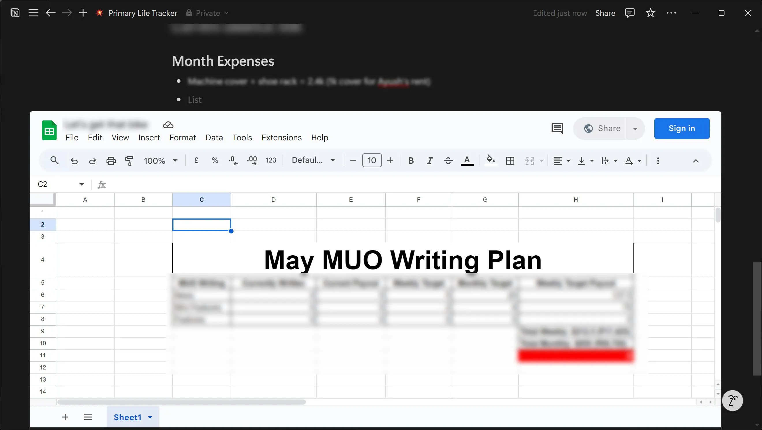 Bảng tính Google Sheets được nhúng trực tiếp vào một trang Notion, cho phép thao tác đầy đủ