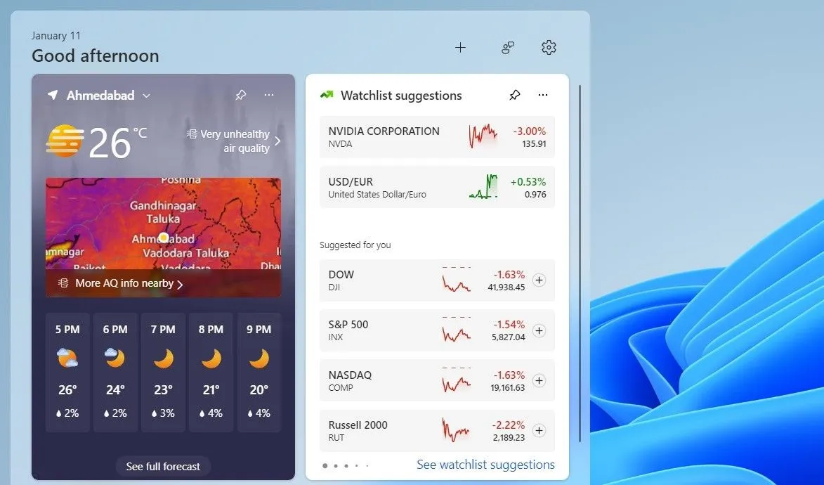 Bảng widget Windows 11 hiển thị tiện ích Thời tiết chi tiết