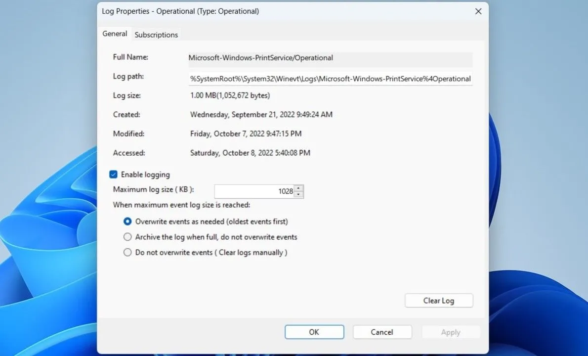 Bật tính năng ghi nhật ký in ấn trong cài đặt Operational log của Event Viewer